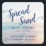 Sticker Carré Main Sanitizer Beach Wedding Favoriser<br><div class="desc">Carré de mariage de plage Sanitizer pour un mariage de plage avec une belle scène de coucher ou de lever du soleil de plage et éditable texte bleu marine lisant "Spread Sand Not Germs" personnalisée avec les noms du couple et la date de mariage, parfait comme les étiquettes de mariage...</div>