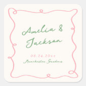 Sticker Carré Main Whimsical Tirée Mariage vert et rose (Devant)