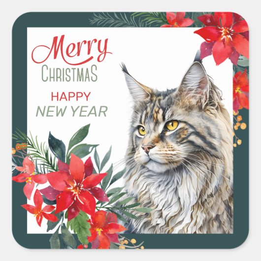 Sticker Carré Maine Coon Chat Poinsettia Frontière Noël (Devant)