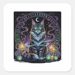Sticker Carré Maine Coon Familiar - Halloween du chat de sorcièr
