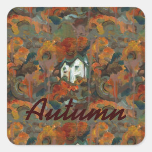 Sticker Carré Maison Blanche et arbres d'automne