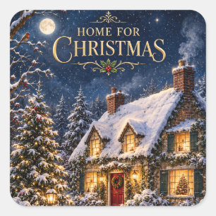 Sticker Carré Maison Cosy pour Noël, Élégante Maison enneigée