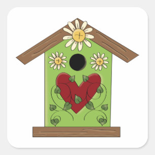 Sticker Carré Maison d'oiseaux verte avec coeur et marguerites