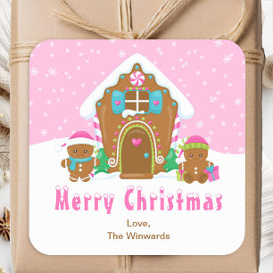 Sticker Carré Maison en pain d'épice rose Joyeux Noël