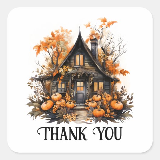 Sticker Carré Maison hantée d'Halloween avec Merci Citrouille (Devant)