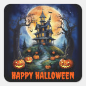 Sticker Carré Maison hantée d'Halloween avec parti Citrouille (Devant)