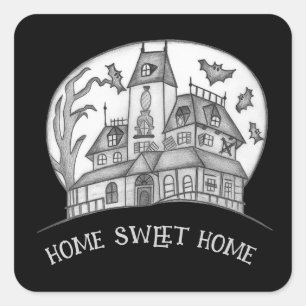 Sticker Carré Maison hantée et chauves-souris Halloween 