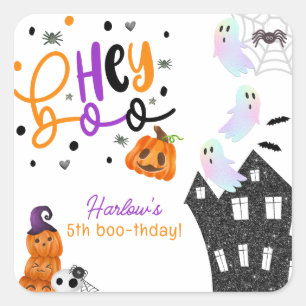 Sticker Carré Maison hantée Hey Boo Purple Halloween Anniversair