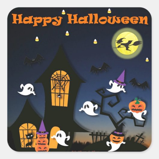 Sticker Carré Maison hantée joyeuse Halloween (Devant)