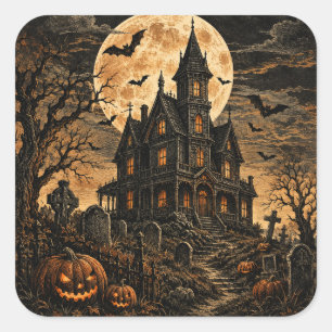 Sticker Carré Maison hantée vintage épouvantable Halloween & Cit