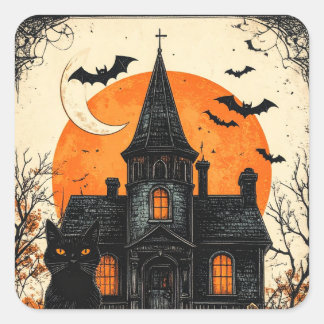 Sticker Carré Maison hantée vintage Halloween