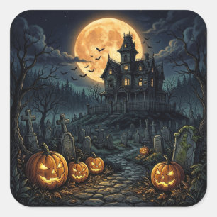 Sticker Carré Maison hantée Vintage Spooky Halloween & Citrouill