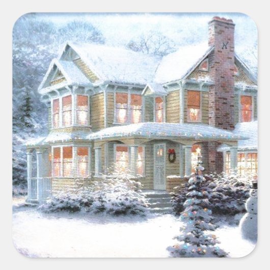 Sticker Carré Maison vintage En Hiver (Devant)