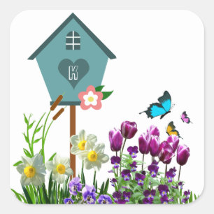 Sticker Carré Maisonnette bleue dans un jardin de fleurs papillo