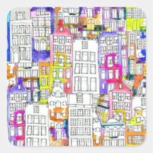 Sticker Carré Maisons d'Amsterdam : Aquarelle Motif sans couture