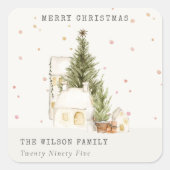 Sticker Carré Maisons de neige blanches Joyeux voeux de Noël (Devant)