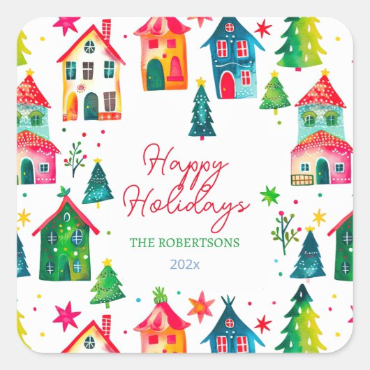 Sticker Carré Maisons de Noël Joyeuses Fêtes (Devant)