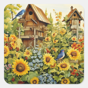 Sticker Carré Maisons d'oiseaux de jardin Tournesol Oiseaux bleu