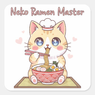 Sticker Carré Maître de Ramen Neko Kawaii Mignon Cuisinier de No