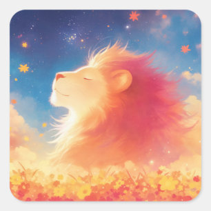 Sticker Carré Majesté du Lion sous un Ciel Étoilé