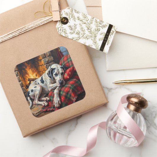 Sticker Carré Majestic Great Dane Asleep by Fireplace Cozy (Cadeaux)