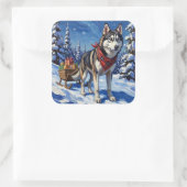 Sticker Carré Majestic Siberian Husky Pulling Christmas Sled (Sac)