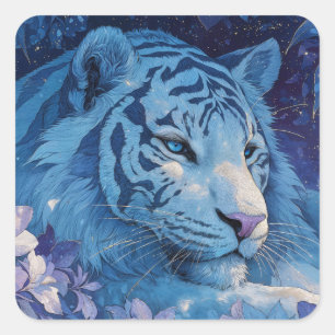 Sticker Carré Majestueux Tigre Bleu dans un Jardin de Lavande Lu
