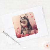 Sticker Carré Malamute d'Alaska avec Rose - Saint-Valentin (Enveloppe)