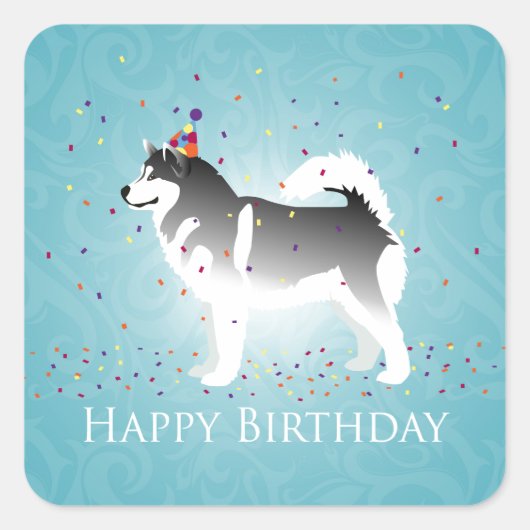 Sticker Carré Malamute d'Alaska conception d'anniversaire (Devant)