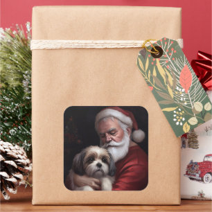 Sticker Carré Malti Tzu avec le Père Noël Festif Noël