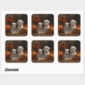 Sticker Carré Malti tzu Puppy Citrouille d'automne (Feuille)