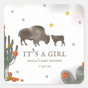 Sticker Carré Mama Buffalo Cactus Girl Baby Shower Label