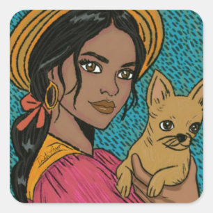 Sticker Carré Maman de Chihuahua Boho Dessinée à la Main