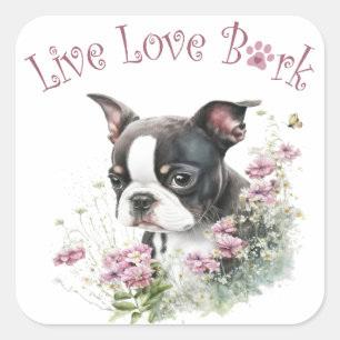 Sticker Carré Maman de Terrier de Boston Fleurie
