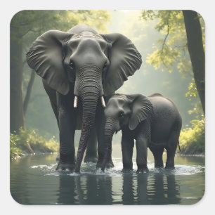 Sticker Carré Maman et bébé éléphant dans la forêt africaine-Rai