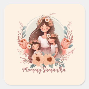 Sticker Carré Maman et filles avec Arrière - plan de fleurs