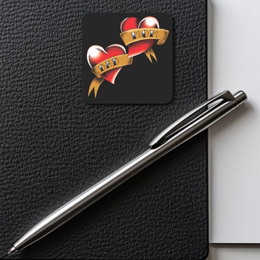Sticker Carré Maman Papa Red Hearts Tattoo
