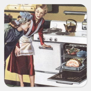 Sticker Carré Maman vintage dans la cuisine préparant un jambon 