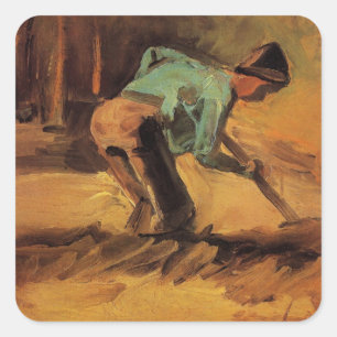 Sticker Carré Man Stooping with Stick, Spade de Vincent van Gogh