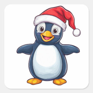 Sticker Carré Manchot de dessin animé joyeux avec un chapeau de