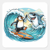 Sticker Carré Manchot surfeur et requin high five (Devant)
