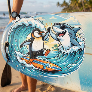 Sticker Carré Manchot surfeur et requin high five