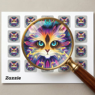 Sticker Carré Mandala avec portrait de chat mignon et duveteux