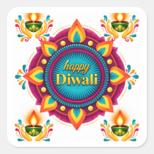 Sticker Carré Mandala coloré de Diwali avec des Diyas traditionn