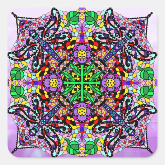 Sticker Carré Mandala Colorée libellule et fleur (Devant)
