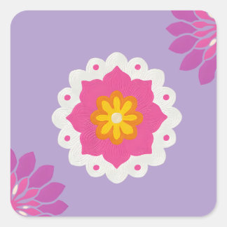 Sticker Carré mandala d'inspiration indienne en pastel rose et v