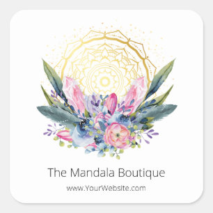 Sticker Carré Mandala doré Cristaux roses Psychique Photo Spirit