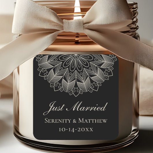 Sticker Carré Mandala Indian Boho Black Just Married Wedding