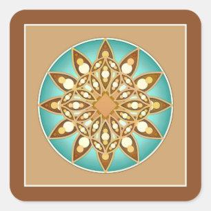Sticker Carré Mandala motif en bronze, crème et turquoise
