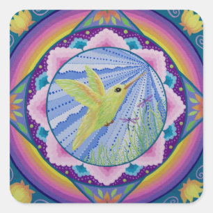 Sticker Carré mandala renversant de colibri de vert et d'or